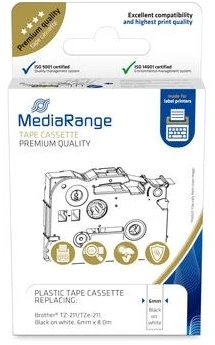 MediaRange plastikinė juostelės kasetė, skirta etikečių spausdintuvams, naudojantiems Brother® TZ-211/TZe-211, nuolatinis klijavimas, 6 mm, 8 m, laminuota, juoda ant balto, juoda, rašalinis, nuolatinis, Brother P-Touch 1000, 1010, 1080, 1090, 1260VP, 1280, 1280DT, 1290, 1750, 1830VP, 18R, 20