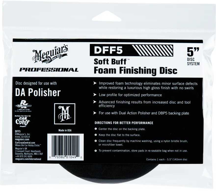 Meguiars DFF5 PRO 5 colių 125 mm minkštas Buff DA (dviejų veiksmų) putplasčio apdorojimo diskas – universalus su lipniu tvirtinimu bet poliruokliui (JAV)