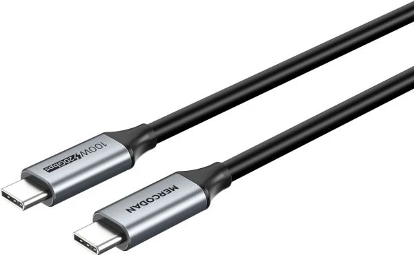 Mercodan USB-C kabelis 1,0 m, USB 3.2 Gen 2, 20 Gbps, 100 W PD, 4K@60 Hz, TPE dangtelis, kosminės pilkos spalvos, 1 m, USB C, USB C, USB 3.2 Gen 2 (3.1 Gen 2), juoda, pilka