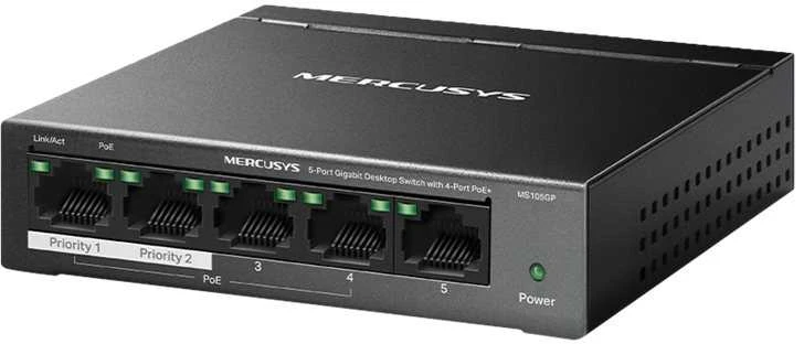„Mercusys“ 5 prievadų gigabito darbalaukio komutatorius su 4 prievadų „PoE+“ palaikymu
