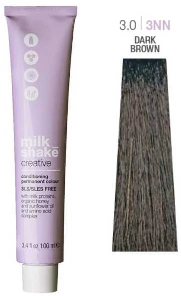 „Milk Shake Creative“ ilgalaikiai plaukų dažai be SLS/SLES, 3.03NN tamsiai rudi, 100 ml
