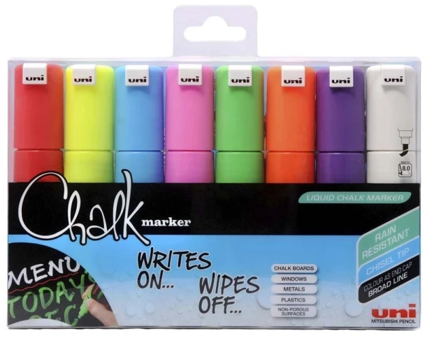 Uni Mitsubishi Pencil UNI-BALL Kridtmarker Uni-ball, skrå, etui a 8 farver
