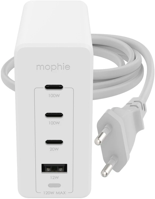 mophie priedai – sieninis adapteris – USB-C – PD – HUB – 120 W – GaN – baltas – ES (3x USB-C + 1x USB-A), patalpų, kintamosios srovės, baltas