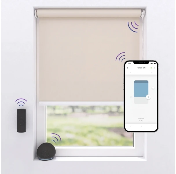 MotionBlinds belaidė elektrinė visiškai neužtemdoma ritininė žaliuzė 150x190 cm – smėlio spalvos
