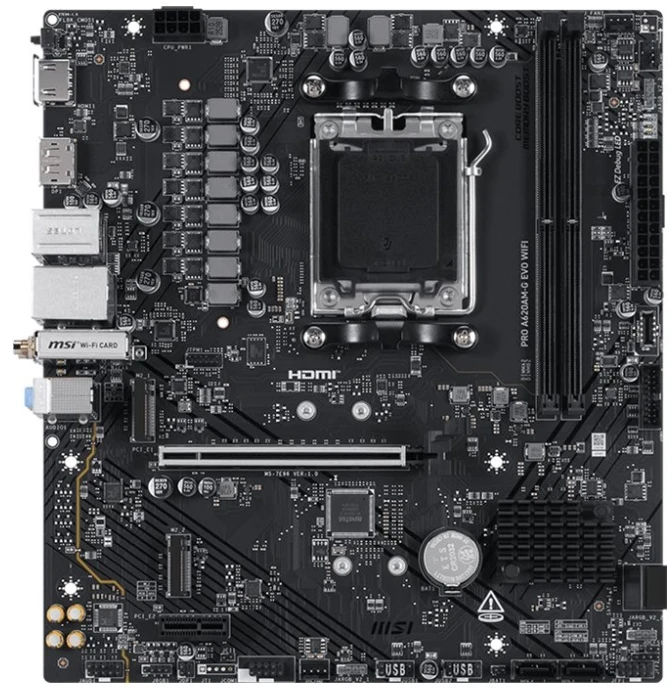 Pagrindinė plokštė MSI PRO A620AM-G EVO WIFI | Procesorių šeima AMD | Procesoriaus lizdas AM5 | DDR5 | SATA jungčių skaičius 4 | Palaikomos standžiojo disko sąsajos SATA, M.2