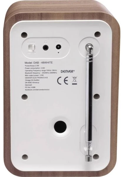 Muzikinis centras Denver DAB-48WHITE, Asmeninis, Skaitmeninis, DAB+, FM, 2,5 W, 3,5 mm, Balta, Medinis