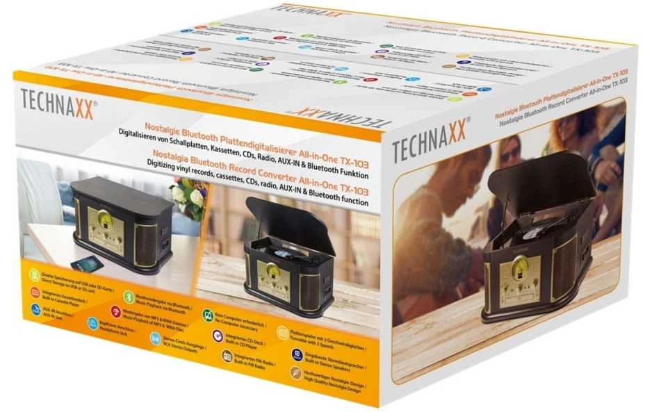 „Technaxx“ skaitmenina vinilo plokšteles, kasetes, kompaktinius diskus, radiją, turi AUX-IN ir „Bluetooth“ funkcijas