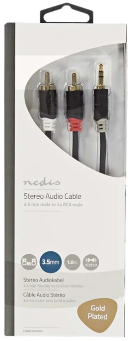 Nedis stereo garso kabelis | 3,5 mm kištukas | 2x RCA kištukas, padengtas auksu | 1,00 m | apvalus | Antracitas | Pakuotė su peržiūros langeliu