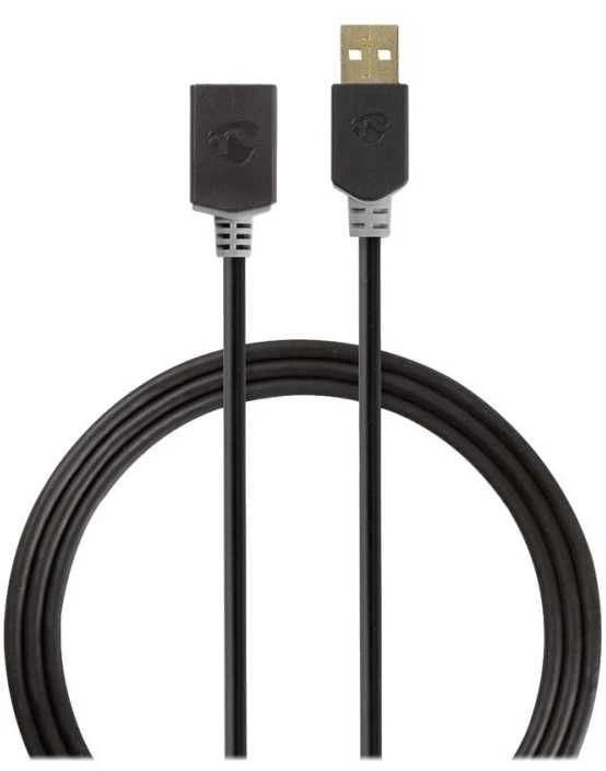 Nedis USB laidas | USB 2.0 | USB-A vyrelis | USB-A lizdas | 480Mbps | Paauksuotas | 2,00m | apvalus | PVC | Antracitas | Pakuotė su peržiūros langeliu
