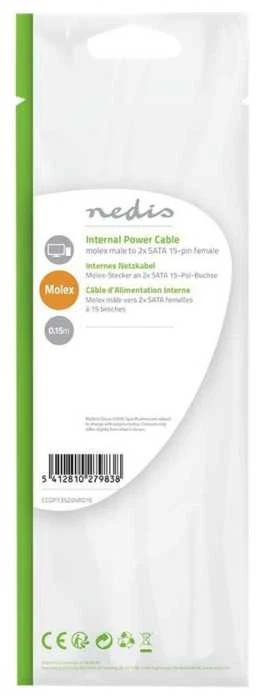 Nedis vidaus maitinimo kabeliai | Molex jungtis | 2x SATA 15 kontaktų lizdas | Paauksuotas | 0,15 m | apvalus | PVC | Įvairiaspalvis | vokas
