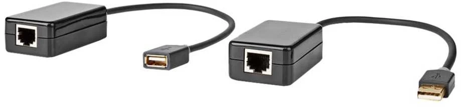 Nedis USB ilgintuvas | USB1.1 | 1x RJ45 moteriška | 1x USB-A lizdas | 1x USB-A kištukas | 1x RJ45 moteriška | 50 metrų | 12Mbps | paauksuotas | apvalus | PVC | juodas