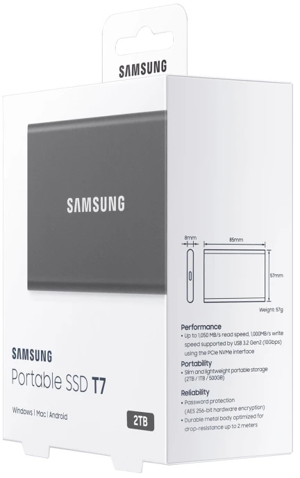 Kietasis diskas Nešiojamasis SSD diskas „Samsung T7“, 2 TB, USB C tipo, 3.2 Gen 2 (3.1 Gen 2), 1050 MB/s, slaptažodžio apsauga, pilkas