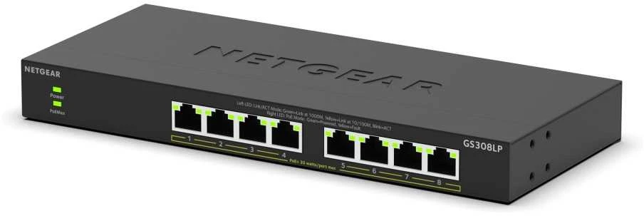 Šakotuvas Tinklo Įranga - Netgear GS308LP 8-Port PoE Jungiklis 60W 1Gbps
