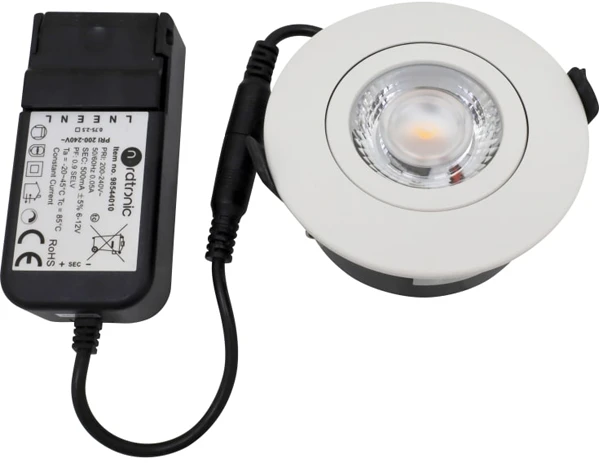 Nordtronic Žemo profilio lankstus - G2 Ø75 DTW 1800-3000K su maitinimo šaltiniu, matinės baltos spalvos, įėjimas ir išėjimas