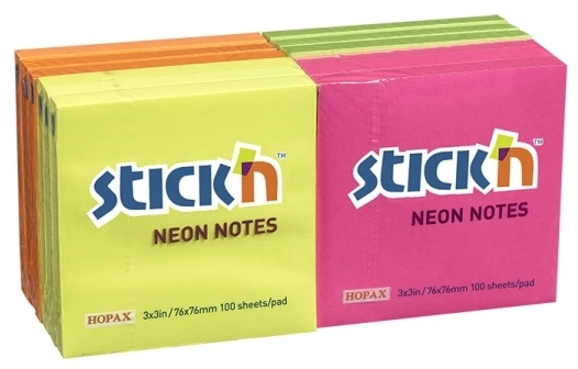 BNT Lipnūs lapeliai Stick´N 21332, 76x76mm, 12 blokelių po 100 lapelių, įvairių neoninių spalvų