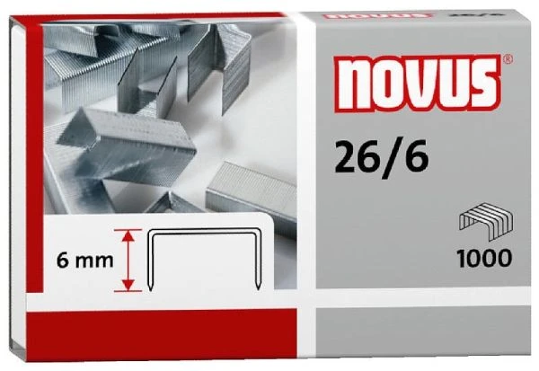 Novus 26/6, segtukų paketas, 6 mm, 1000 segtukų, tvirtinimui, plienas, nerūdijantysis plienas