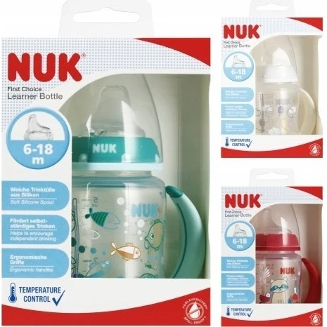 NUK 215335 FC+ buteliukas su rankenomis 150 ml su temperatūros indikatoriumi 6-18 m