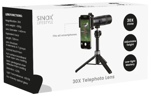 Objektyvas Sinox „Lifestyle“ 30 kartų priartinimo teleobjektyvo rinkinys. Juodas