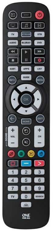 One For All „Essential 6“ belaidis IR nuotolinio valdymo pultas DVD / „Blu-ray“, IPTV, garso juostos garsiakalbis, televizoriaus mygtukai