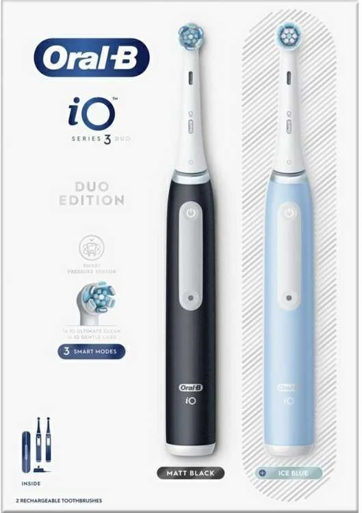 Braun iOG3d.2i6.2K Oral-B iO3 Elektrinis Dantų Šepetėlis Matt Juodas/Ice Mėlyna Duo Pack Edition