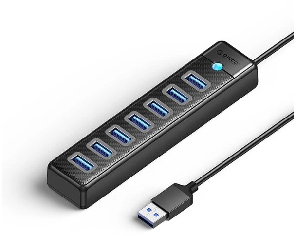 Orico PW7U-U3 šakotuvas 7x USB-A 3.0 + USB-C 5V/3A 1m – juodos spalvos