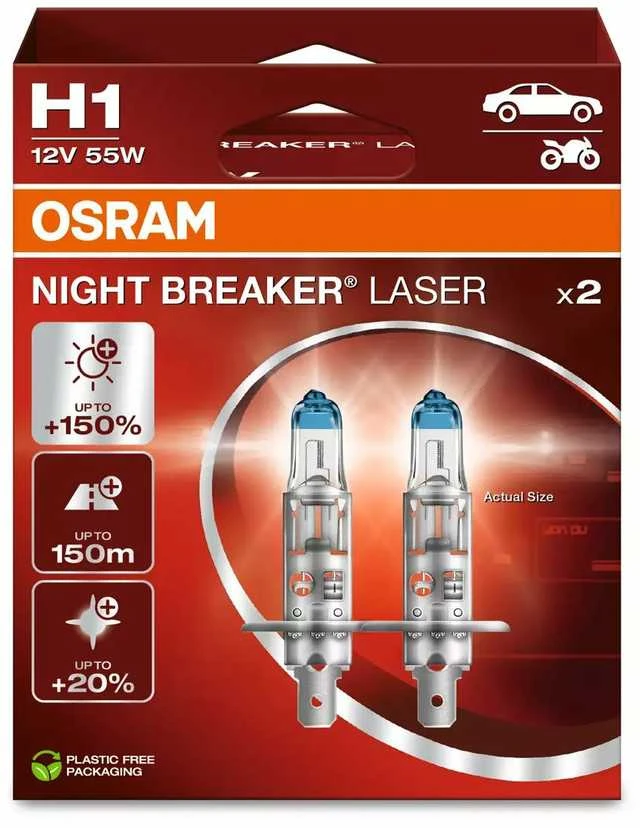 OSRAM Night Breaker lazerinis +150% H1 P14.5S, Automobilinės lemputės, 55W 12V, 2 vnt