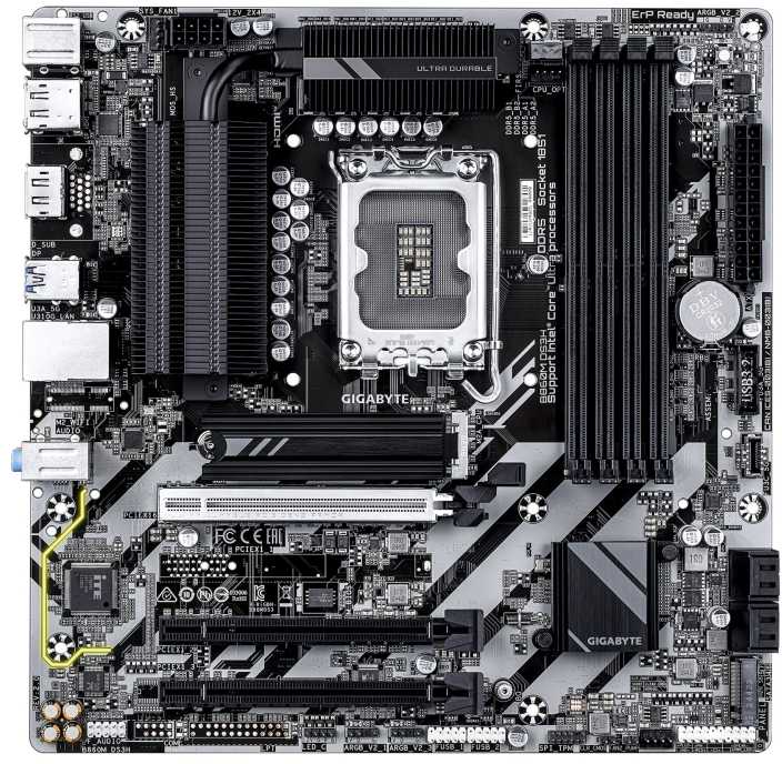 GIGABYTE B860M DS3H pagrindinė plokštė – Intel Core Ultra serijos procesoriai, 5+1+2+1 fazių VRM, iki 9066MHz DDR5, 1xPCIe 5.0 + 1xPCIe 4.0 M.2, 2.5GbE LAN, USB 3.2 Gen2