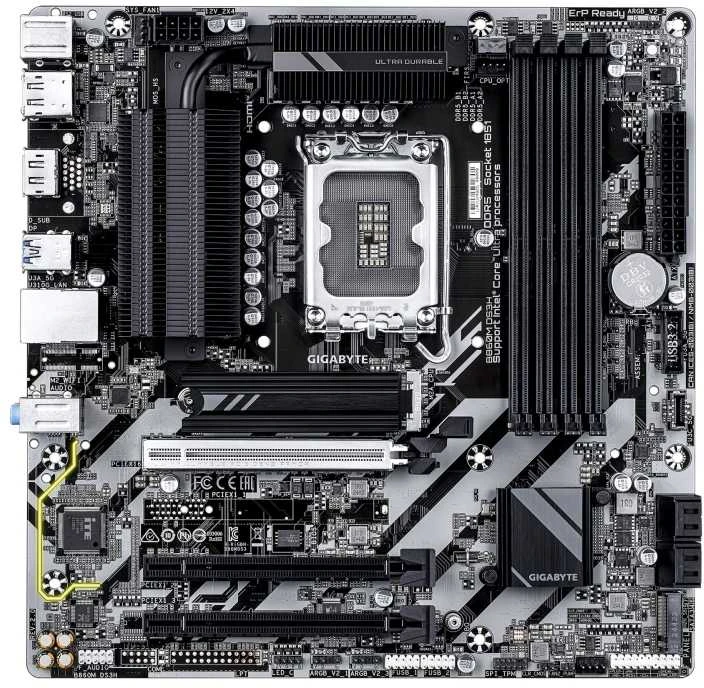 GIGABYTE B860M DS3H pagrindinė plokštė – Intel Core Ultra serijos procesoriai, 5+1+2+1 fazių VRM, iki 9066MHz DDR5, 1xPCIe 5.0 + 1xPCIe 4.0 M.2, 2.5GbE LAN, USB 3.2 Gen2