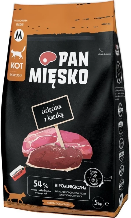 Pan Mięsko sausas kačių ėdalas su veršiena ir antiena (suaugusioms) su traškučiais M 5kg
