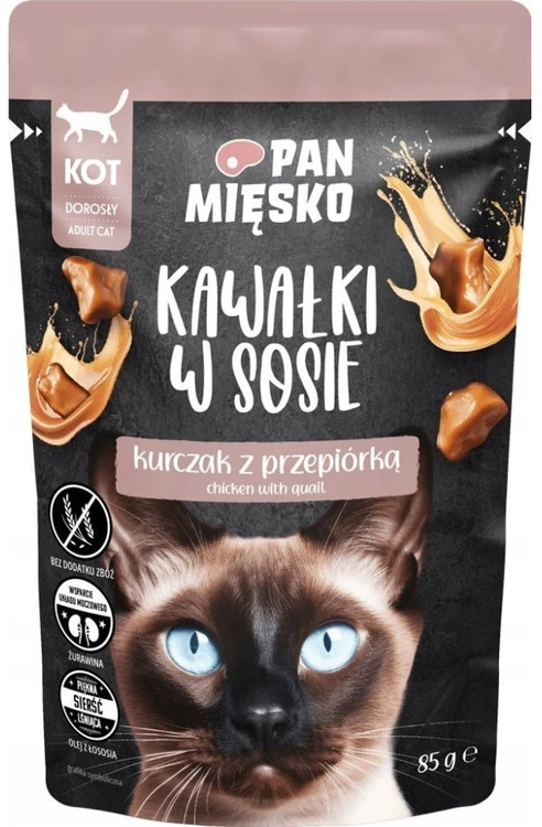 PAN MIĘSKO Gabaliukai padaže vištiena su putpele - šlapias kačių maistas - 85g