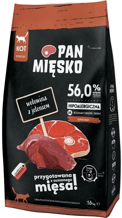 Pan Mięsko sausas kačių ėdalas su jautiena ir elniais (suaugusioms katėms) M 1,6kg