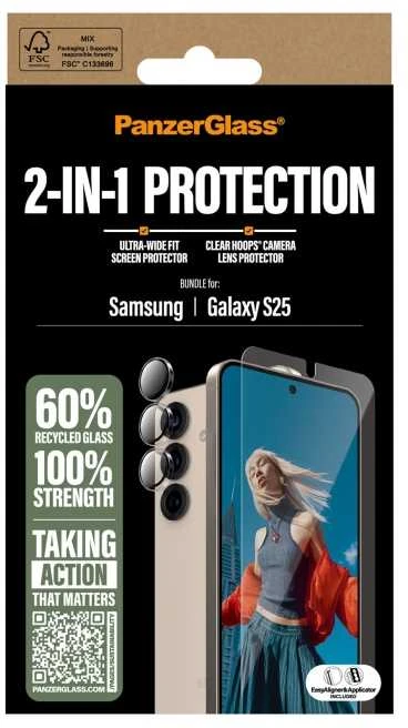 Panzer Glass „PanzerGlass ® 2 viename“ apsaugos rinkinys „Samsung Galaxy S25“, „Samsung“, „Samsung - Galaxy S25“, Sausas klijavimas, Atsparus įbrėžimams, Atsparus smūgiams, Permatomas, 1 vnt.