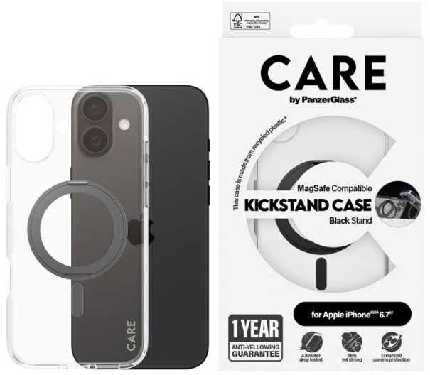 Panzer Glass CARE by PanzerGlass Feature Kickstand Case Apple iPhone 16 Plus 6.7" dėklas telefonui juodos spalvos/dėklas telefonui juodos spalvos MagSafe 1323