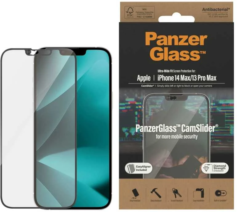 Panzer Glass PanzerGlass | CamSlider | Apple | iPhone 14 Plus/13 Pro Max | Grūdintas stiklas | Išvalyti | Apsaugo visą ekraną; 100% prisilietimas; Lengva montuoti | Ekrano apsauga