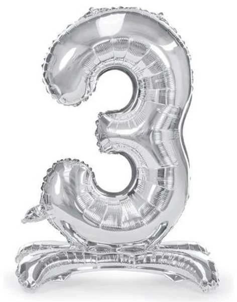Party Deco Folinis balionas skaičius 3 sidabrinis pastatomas