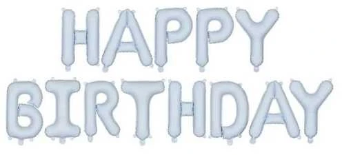 Šviesiai mėlynos folijos raidės Happy Birthday