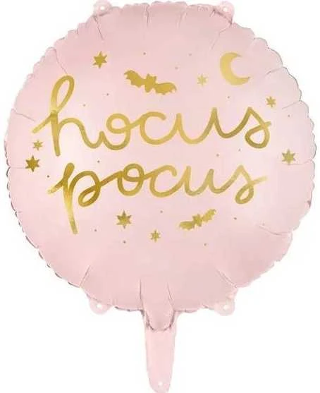 Rausvas Hocus Pocus folijos balionas su auksiniais piešiniais