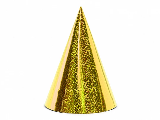 Party Deco „PartyDeco“ holografinės vakarėlių kepuraitės, auksinės, 16 cm, Vakarėlio kepurė, auksinė, gimtadienio, 160 mm, 10 cm, 6 vnt.
