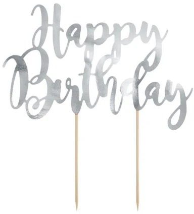 Party Deco Torto viršūnė „Happy Birthday“, sidabrinė, 22,5 cm universali