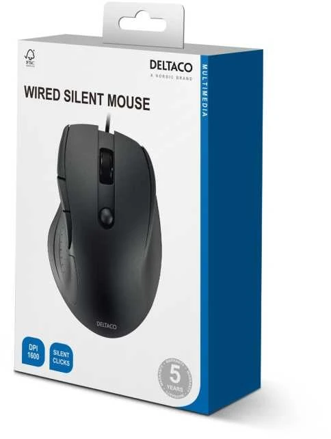 Tyli su laidu biuro pelė DELTACO, 5 mygtukai, 600–1600 DPI, juoda DPI 1600 / MS-807