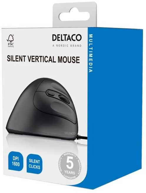 Pelė Deltaco Silent su laidu Vertical Pelė, 4 mygtukai, 1000-1600 DPI, juodas