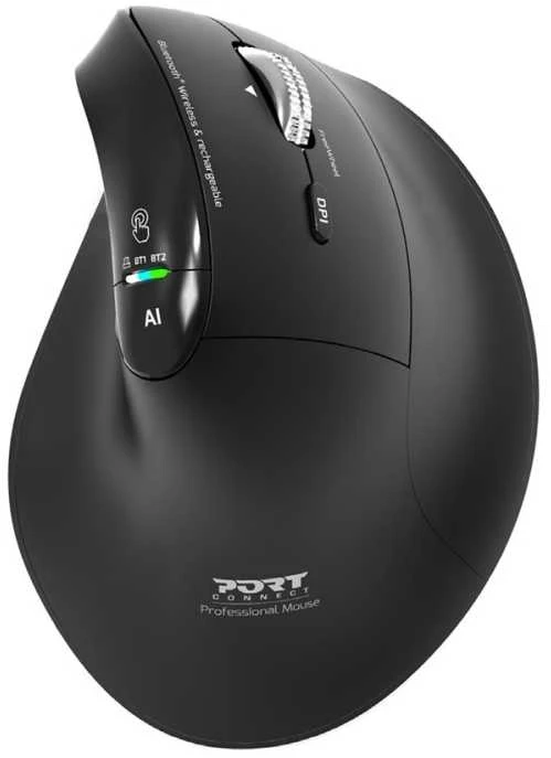 PORT CONNECT ERGO AUDITOR, ergonomiška „Bluetooth“ ir 2,4 GHz belaidė įkraunama pelė, USB-C, Juodas