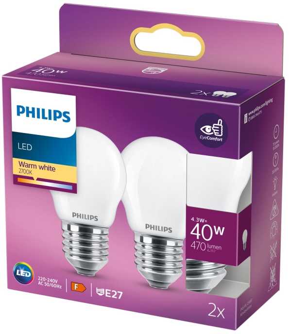 Philips Żarówka LED E27, 4.3W, 470lm, 2700K 2 vnt.