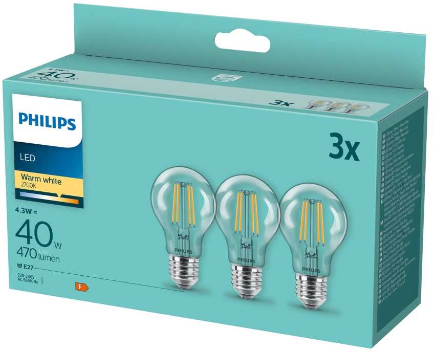 Philips LED lemputė E27, 4.3W, 470lm, 2700K 3 vnt.