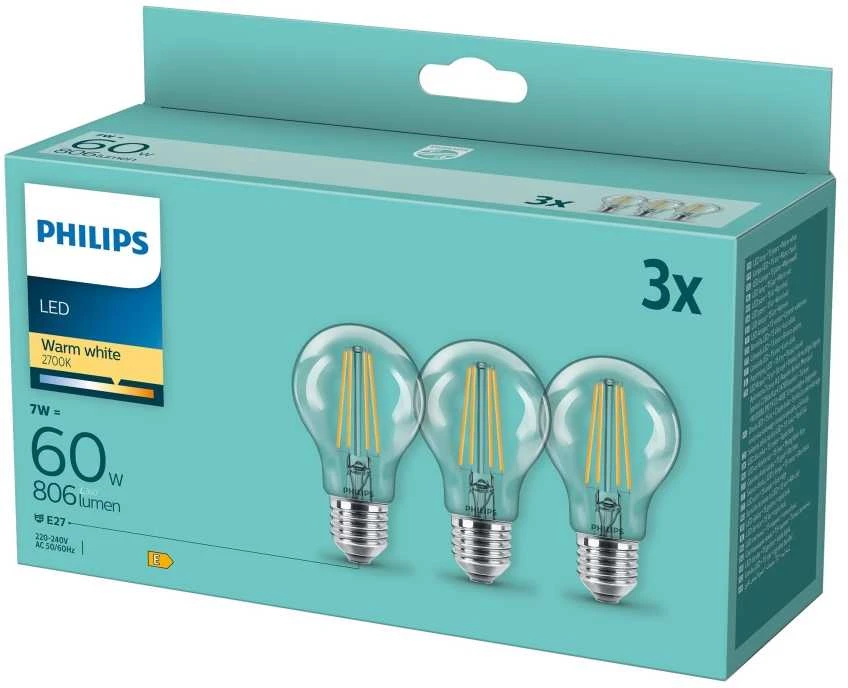 Philips Lemputės LED FILAMENTINĖ 7W E27 A60 827 806LM 3VNT