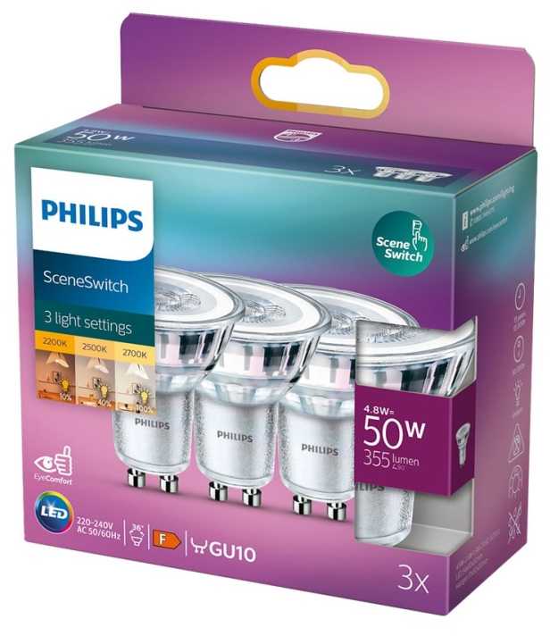 Philips SceneSwitch LED prožektorinė lemputė GU10, 3 vnt. rinkinys