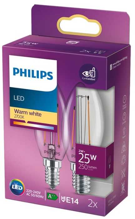 Philips LED žvakė E14 2 pak. 2W (25W) 2700K 250lm Vintage