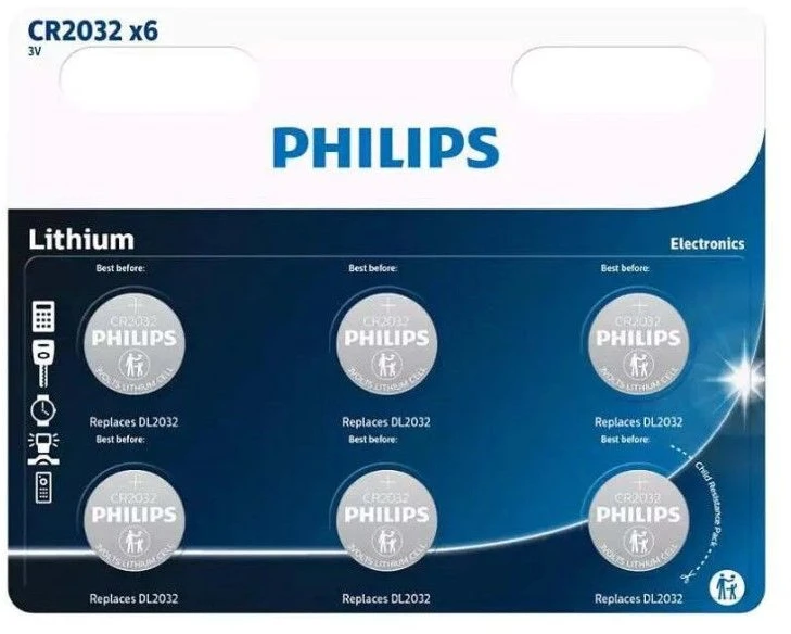 PHILIPS mygtukinė ličio baterija CR2032, 6 vnt. pakelis – 2145525