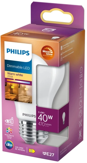 „Philips WarmGlow“ LED lempa, E27, 2200–2700 K, 470 lm
