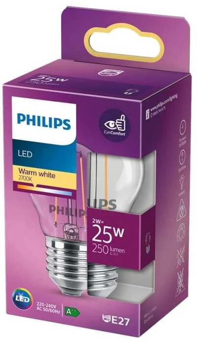 LED lemputė PHILIPS, P45, E27, 2 W, 250 lm, 2700 K